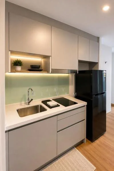 Kitchen features: double-bowl stainless-steel sink, chrome pull-down faucet, grey cabinetry, white countertop, black refrigerator, green backsplash, under-cabinet lighting, wooden flooring, open shelving, decorative plant; style: modern.