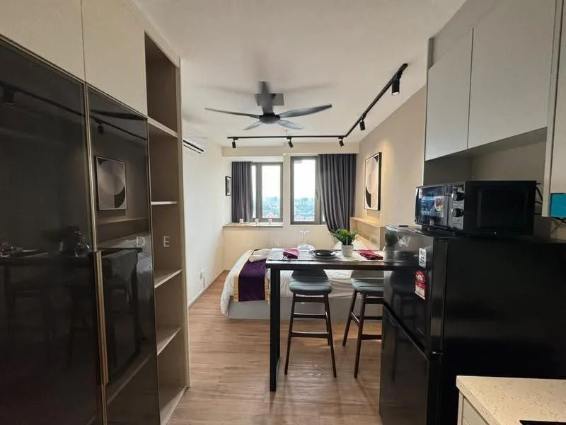 Living features: wooden flooring, 5-blade ceiling fan with light, floor-to-ceiling windows, black refrigerator, built-in microwave, black dining table with two chairs, queen-size bed with purple bedding, wall-mounted artwork, air conditioning unit, open shelving unit, kitchen cabinetry in light color, countertop with sink; style: modern; view: city.