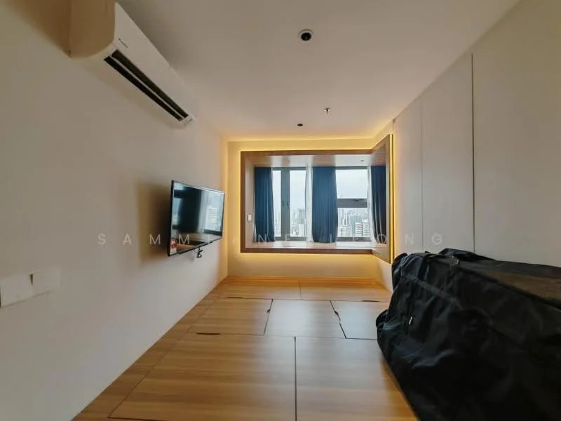 Room features: wooden flooring, wall-mounted TV, 1 wall-mounted split AC, large window with city view, blue curtains, recessed lighting, built-in cabinetry, neutral painted walls; style: modern; view: city.