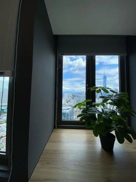 Room features: floor-to-ceiling windows, black window frames, wooden window sill, grey walls, potted plant, wooden flooring, roller blinds, city skyline view; style: modern; view: city.