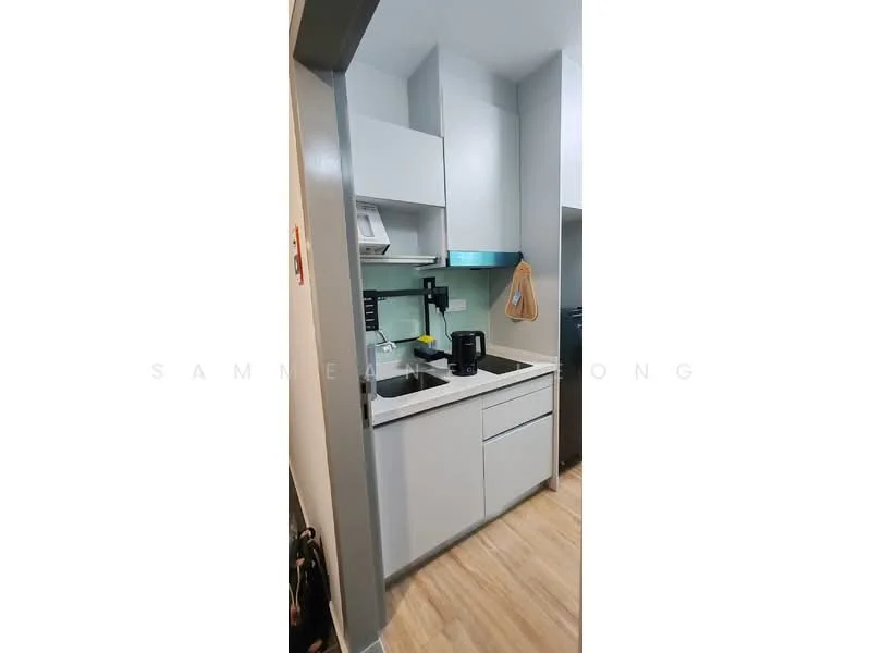 Kitchen features: white cabinetry, grey countertop, single-bowl stainless-steel sink, chrome pull-down faucet, built-in microwave, coffee machine, ceramic tile backsplash in light green, recessed downlights, wooden flooring, kitchen appliances, open shelving; style: modern.