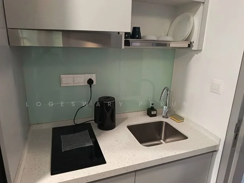 Kitchen features: single-bowl stainless-steel sink, chrome pull-down faucet, white quartz countertop, black induction cooktop, glass backsplash, white cabinetry, built-in kitchen hood, kettle, plates and cups on shelf; style: modern.