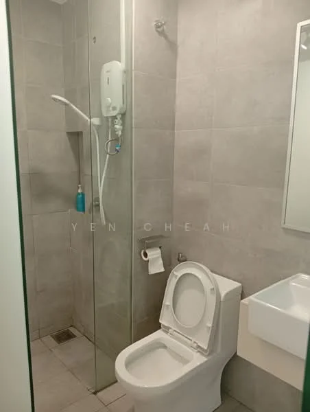 Bathroom features: grey tiled walls, grey tiled flooring, walk-in shower with glass enclosure, rain shower head, handheld shower, toilet, single-sink vanity, mirror above sink, shower water heater, towel holder, toilet paper holder; style: modern.