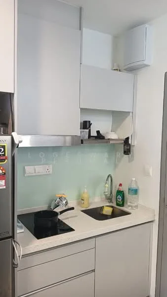 Kitchen features: grey cabinetry, white countertop, single-bowl stainless-steel sink, chrome pull-down faucet, glass backsplash, built-in stove, refrigerator, kitchen utensils, dish soap, cleaning supplies, wall-mounted cabinet, under-cabinet lighting; style: modern.