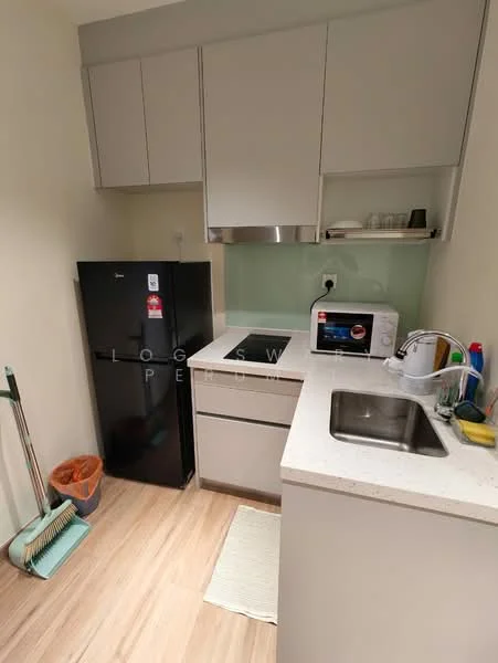 Kitchen features: black fridge, built-in microwave, stainless-steel single-bowl sink, chrome pull-down faucet, white quartz countertop, flat-panel grey cabinets, glass backsplash, wood-look laminate flooring, cleaning supplies, dish soap, kitchen towel; style: modern.
