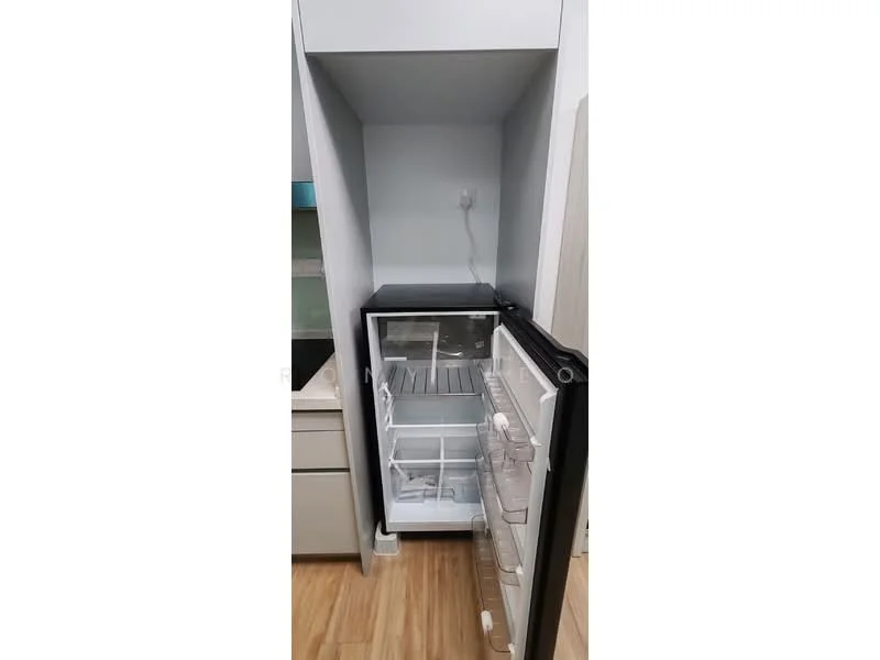 Kitchen features: fridge, white cabinetry, light wood flooring, grey countertop, wall-mounted electrical outlet, open shelving above fridge, modern design; style: modern.
