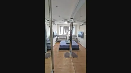 Living features: wooden flooring, 5-blade ceiling fan with light, sofa in light grey fabric, area rug, wall-mounted TV, curtains, two air conditioning units, decorative wall mirror; style: modern.