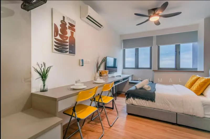 Bedroom features: queen-size bed with white bedding, upholstered headboard, 2 bedside lamps, wall-mounted TV, study desk with chair, dining table for 2 with yellow chairs, wooden flooring, 1 wall-mounted split AC, large windows with roller blinds, decorative wall art, shelves on the wall; style: modern; view: city.