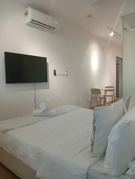 Bedroom features: queen-size bed, white bedding, upholstered headboard, wall-mounted TV, 1 wall-mounted split AC, wooden flooring, 2 dining chairs, recessed lighting, white painted walls; style: modern.