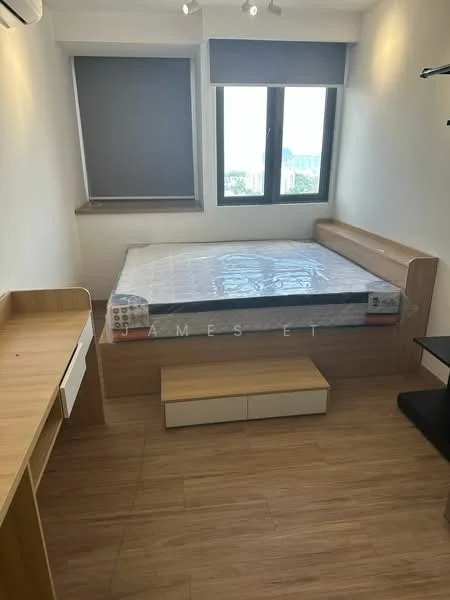 Bedroom features: queen-size bed, wooden bed frame, built-in wardrobe, study desk, wooden desk surface, drawer unit under desk, laminate flooring, two windows with grey roller blinds, wall-mounted shelf, light fixtures on ceiling; style: modern; view: city.