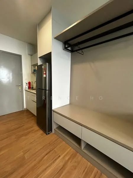 Kitchen features: black fridge, white cabinetry, wooden countertop, single-bowl stainless-steel sink, chrome pull-down faucet, built-in oven, ceramic tile flooring, open shelving, hanging rod for clothes, wall-mounted storage, neutral painted walls; style: modern.