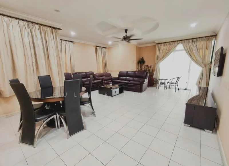 Living features: cream painted walls, white ceiling, 5-blade ceiling fan with light, large windows with sheer curtains, dark brown leather sofa set, coffee table, TV console, wall-mounted TV, tile flooring, dining table with black chairs, decorative plants, area rug; style: modern.