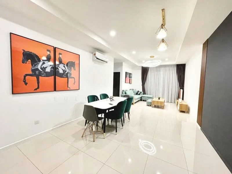 Living features: white painted walls, glossy tile flooring, recessed downlights, 5-blade ceiling fan with light, floor-to-ceiling windows with sheer curtains, green fabric sofa, dining table with 6 green chairs, decorative wall art with horse theme, wooden side table, TV console, area rug; style: modern.