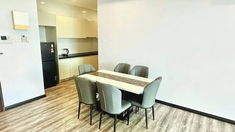 Dining features: 6-seater dining table with marble top, upholstered dining chairs in grey, laminate flooring, white painted walls, refrigerator, kettle, built-in kitchen cabinetry, countertop, wall-mounted air conditioning unit; style: modern.