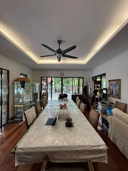 Dining features: long dining table with tablecloth, wooden dining chairs, 5-blade ceiling fan with light, recessed LED lighting, large glass sliding doors, wooden flooring, decorative wall art, display cabinets, window treatments, clock on wall; style: modern; view: garden.