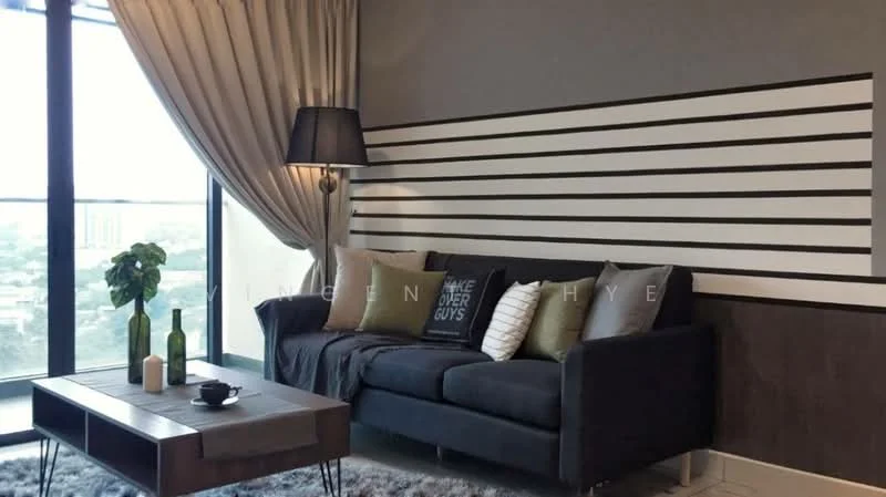 Living features: 3-seater fabric sofa in dark grey, decorative cushions in various colors, wooden coffee table, floor lamp with black shade, curtains in light beige, striped accent wall in grey and white, large glass windows with city view, potted plant, glass bottles on the table, decorative candle on the table; style: modern; view: city.
