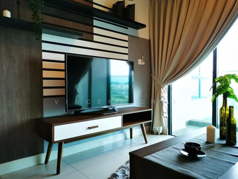 Living features: wall-mounted TV, wooden TV console with white drawer, decorative wall paneling with horizontal stripes, floor-to-ceiling window, sheer curtains, potted plant, coffee table, ceramic cup on coffee table, candle on coffee table; style: modern; view: city.