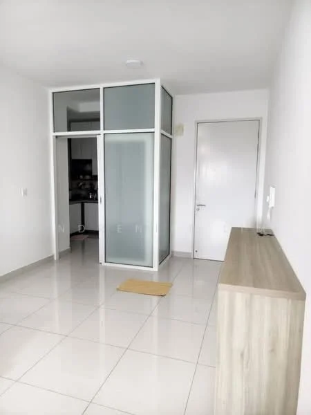 Room features: white painted walls, glossy ceramic tile flooring, glass partition, wooden console table, white door, recessed ceiling lights, neutral color scheme, open layout; style: modern.