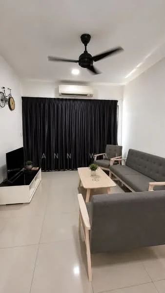 Living features: grey fabric 3-seater sofa, grey fabric 2-seater sofa, light wood coffee table, black wall-mounted TV, white TV console, black curtains, wall clock, 1 wall-mounted split AC, ceiling fan with 3 blades, cream painted walls, glossy tile flooring; style: modern.