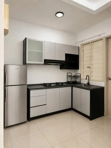 Kitchen features: stainless-steel fridge, black countertop, grey upper cabinets, black lower cabinets, built-in gas hob, extraction hood, single-bowl stainless-steel sink, chrome pull-down faucet, wall-mounted storage shelves, tile flooring, recessed ceiling light, window with horizontal slats; style: modern.