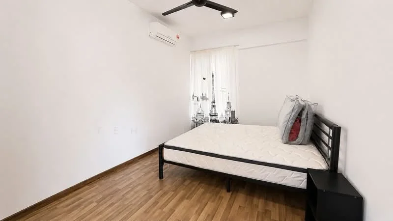 Bedroom features: wooden flooring, white painted walls, 5-blade ceiling fan, floor-to-ceiling window, sheer curtains, black metal bed frame, mattress without bedding, nightstand; style: minimalist; view: city.