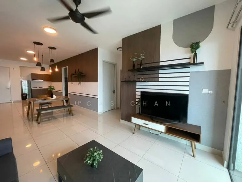 Living features: 3-seater fabric sofa in dark grey, coffee table with black surface, TV console with wooden legs, wall-mounted TV, dining table for 6 with wooden finish, ceiling fan with light, pendant lighting above dining area, decorative plants on shelves, feature wall with horizontal stripes, white painted walls, glossy tile flooring; style: modern.