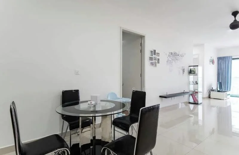 Dining features: glass dining table, 4 black leather dining chairs, white painted walls, polished ceramic tile flooring, ceiling fan, decorative wall art, large window with natural light; style: modern. Room features: open space, neutral color palette, minimalist decor.