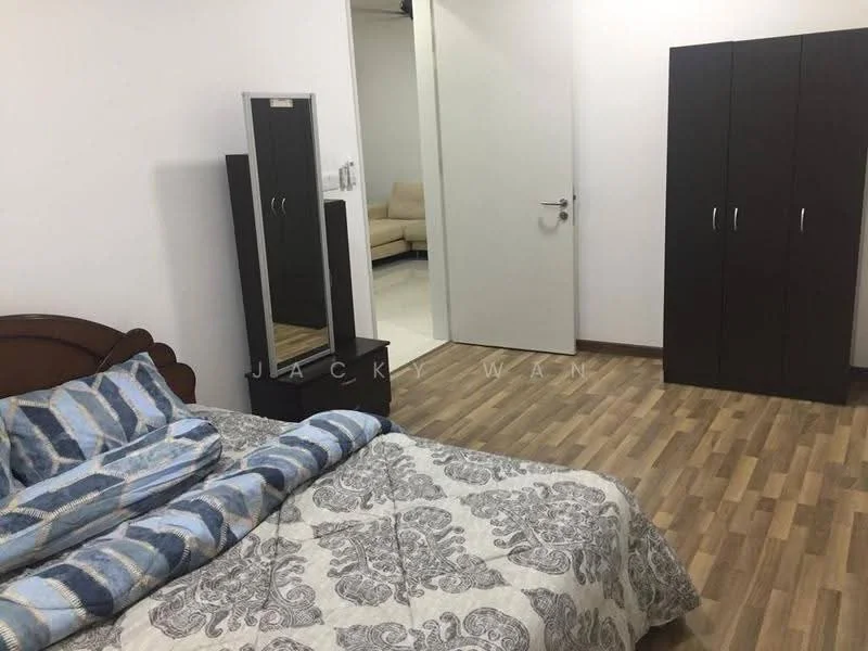 Bedroom features: queen-size bed with patterned bedding, wooden headboard, wooden flooring, built-in wardrobe with sliding doors, full-length mirror, white painted walls, ceiling light fixture; style: modern.