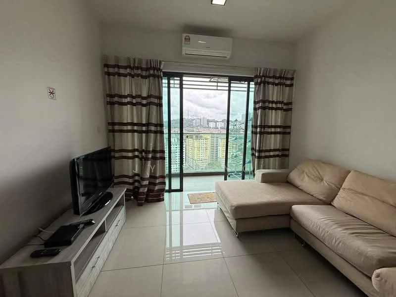 Living features: beige L-shape sectional sofa, white walls, floor-to-ceiling windows, sliding glass door, curtains with striped pattern, wall-mounted TV, TV console, air conditioning unit, glossy tile flooring, area rug, city view; style: modern; view: city.