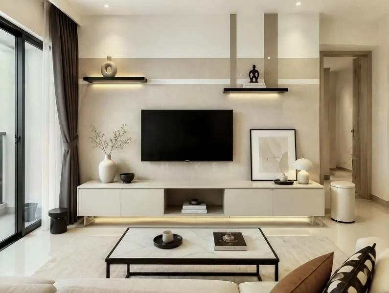 Living features: light-colored wall with beige accent, floor-to-ceiling windows, grey fabric sofa, coffee table with marble top, TV console with built-in lighting, wall-mounted flat-screen TV, decorative vases on shelves, framed artwork, area rug, recessed ceiling lights, curtains, minimalist decor; style: modern.