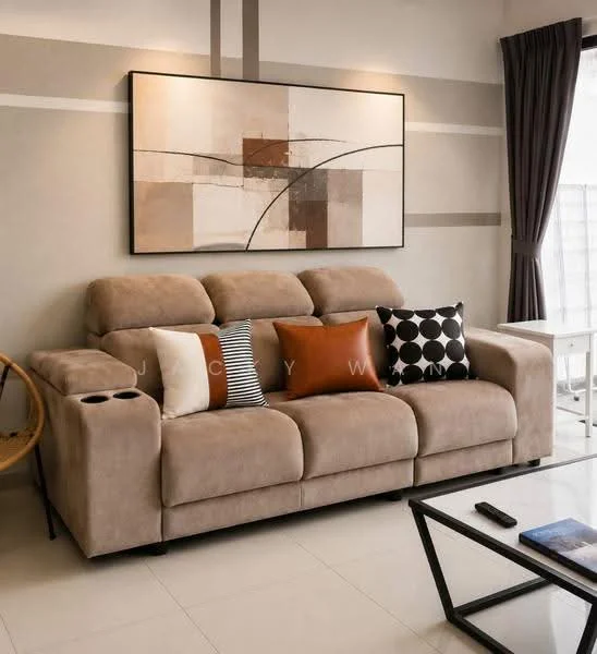 Living features: 3-seater fabric sofa in beige, decorative cushions in various patterns, coffee table with black frame, framed abstract artwork on wall, light grey painted walls, white ceiling, floor-to-ceiling windows with sheer curtains, tile flooring in light color, side table with lamp, wall-mounted TV, decorative wall stripes; style: modern.