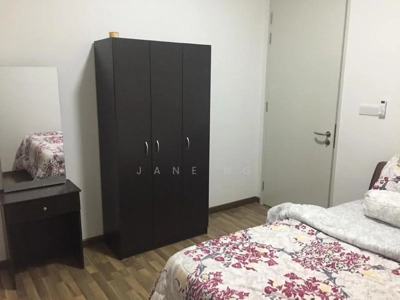 Bedroom features: queen-size bed with floral bedding, wooden flooring, dark wood wardrobe with three doors, dark wood bedside table, mirror on bedside table, white painted walls, door to hallway, window with no visible treatment; style: modern.