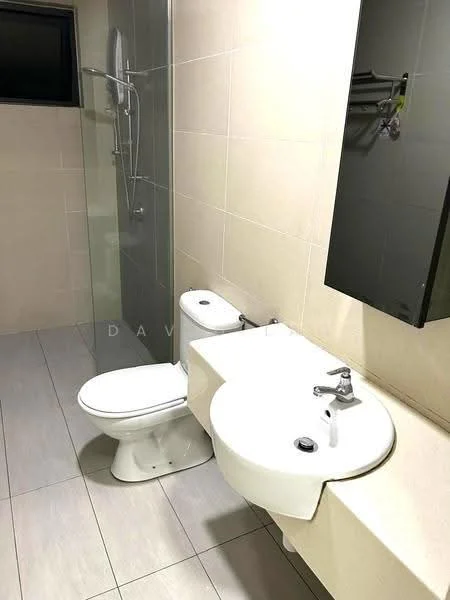 Bathroom features: white ceramic toilet, single-sink vanity with integrated basin, chrome basin mixer faucet, large wall-mounted mirror, glass shower enclosure, rain shower head, tile flooring, beige wall tiles, white wall tiles, towel rack, window for natural light; style: modern.
