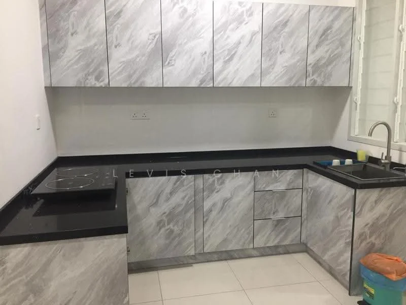 Kitchen features: grey marble-patterned cabinetry, black granite countertop, single-bowl stainless-steel sink, chrome pull-down faucet, built-in electric cooktop, white tiled walls, white tiled flooring, window with white frame; style: modern.