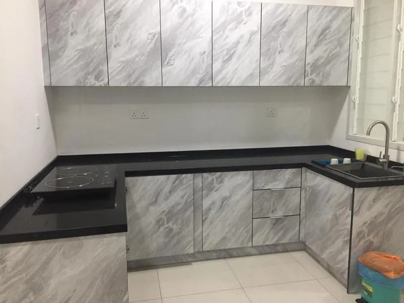 Kitchen features: grey marble countertop, black granite countertop, stainless-steel sink, chrome pull-down faucet, built-in electric cooktop, upper cabinets with grey finish, lower cabinets with grey finish, white tiled walls, white tiled flooring, window with white frame; style: modern.