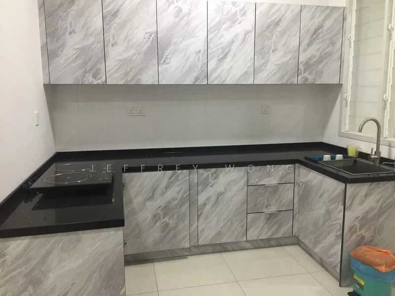 Kitchen features: grey marble-patterned cabinetry, black granite countertop, single-bowl stainless-steel sink, chrome pull-down faucet, built-in electric cooktop, white tiled backsplash, white walls, white floor tiles; style: modern.