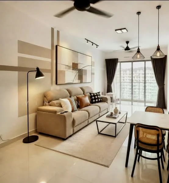Living features: beige fabric sofa, black coffee table, area rug, floor lamp, 3-blade ceiling fan, 2 ceiling-mounted spotlights, large glass windows, sheer curtains, decorative wall art, dining table with chairs; style: modern; view: city.