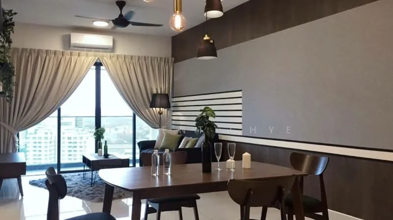 Living features: 5-blade ceiling fan with light, recessed LED downlights, floor-to-ceiling windows, sheer curtains, blackout curtains, wooden flooring, wall-mounted TV, sofa in grey fabric, coffee table, area rug with geometric pattern, decorative wall with horizontal stripes, hanging pendant lights, potted plants; style: modern; view: city. Dining features: 6-seater dining table, wooden dining chairs, decorative candle, water glasses, minimalist decor; style: modern; view: city.