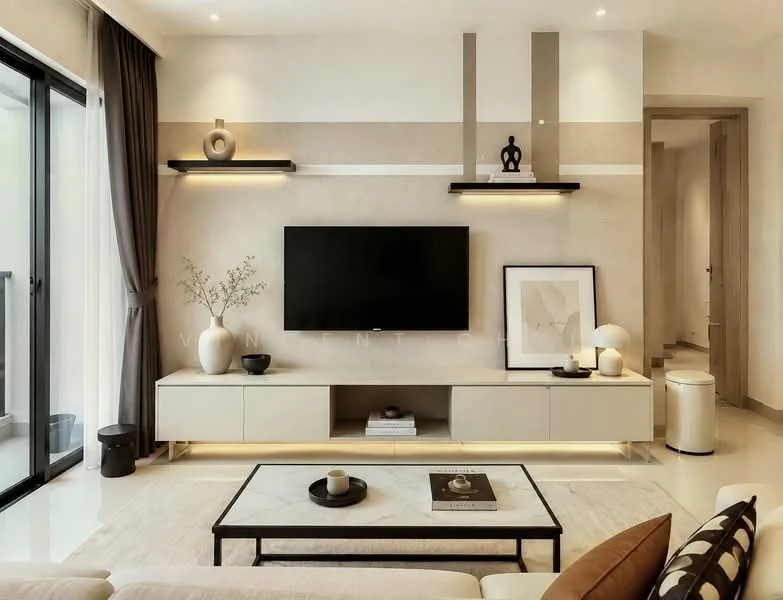 Living features: light beige painted walls, cream-colored sofa, black coffee table, TV console with built-in lighting, wall-mounted flat-screen TV, decorative vases, framed artwork, floor-to-ceiling windows with sheer curtains, recessed ceiling lights, decorative sculptures on shelves, area rug with geometric pattern, small side table, bin, plant in ceramic pot; style: modern.