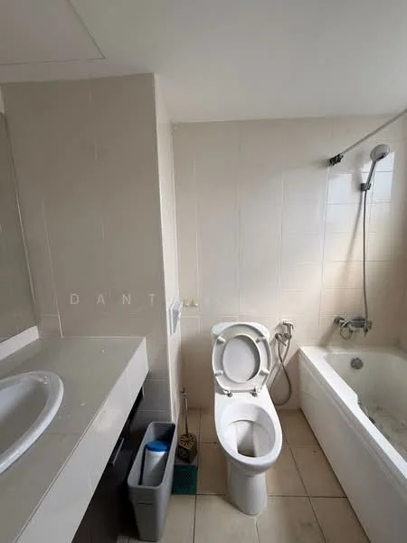 Bathroom features: white tiled walls, cream tiled flooring, single-sink vanity with countertop, built-in mirror above vanity, one-piece toilet, shower with handheld showerhead, bathtub, toilet bidet spray, wall-mounted faucet, storage bin, cleaning supplies, shower curtain rod; style: modern.