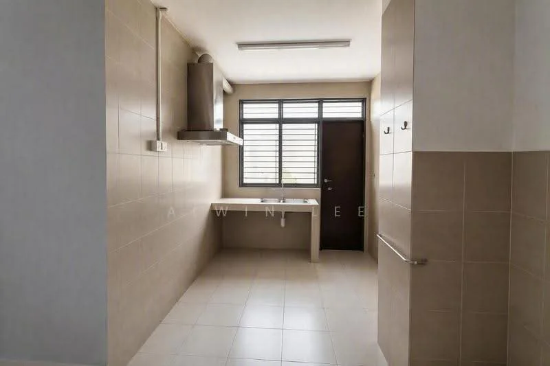 Laundry features: single-bowl stainless-steel sink, chrome pull-down faucet, light beige tiled walls, light beige tiled flooring, window with horizontal slats, exhaust hood, countertop, door, wall-mounted hooks; style: modern.