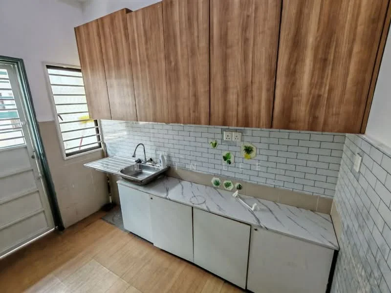 Kitchen features: wooden cabinetry, white lower cabinets, marble countertop, single-bowl stainless-steel sink, chrome pull-down faucet, white subway tile backsplash, green decorative wall stickers, window with metal grille, vinyl plank flooring; style: modern.