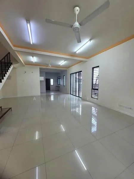 Living features: white painted walls, glossy ceramic tile flooring, recessed LED downlights, 2 ceiling fans, large windows with horizontal slats, open layout, neutral color scheme, high ceiling, orange accent ceiling, staircase visible in background; style: modern.