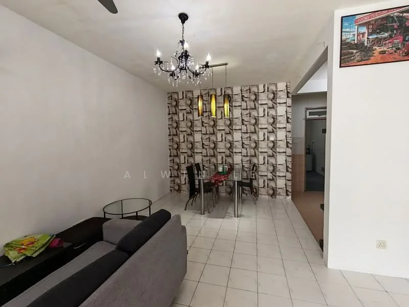 Living features: grey fabric sofa, glass coffee table, dining table with four chairs, chandelier with multiple bulbs, decorative wall with patterned wallpaper, white painted walls, tile flooring, ceiling fan; style: modern.