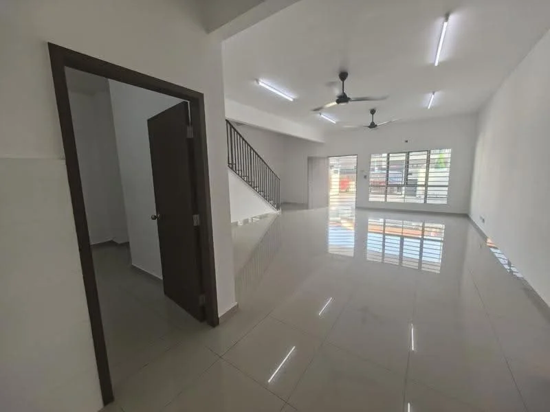 Living features: white painted walls, glossy ceramic tile flooring, 5-blade ceiling fan, large windows with natural light, open layout, staircase leading to upper floor, sliding glass door, neutral color scheme; style: modern. Room features: white painted walls, glossy ceramic tile flooring, door leading to another room.