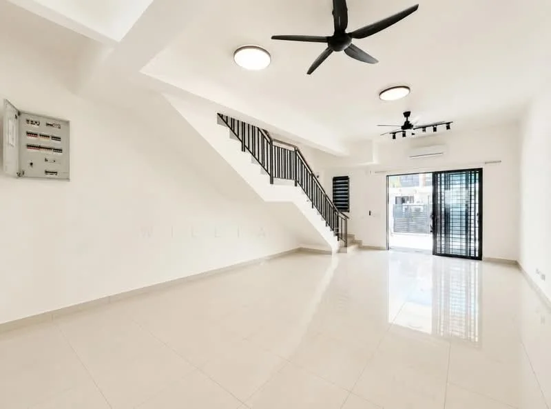 Living features: white painted walls, glossy ceramic tile flooring, 5-blade ceiling fan with light, recessed downlights, sliding glass door, black metal railing, air conditioning unit, staircase with black railing; style: modern.