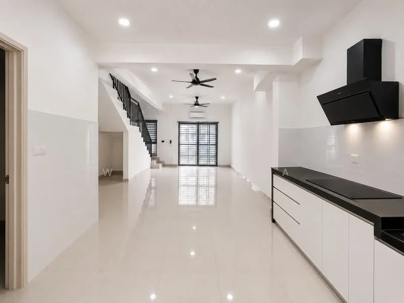 Kitchen features: white cabinetry, black countertop, stainless-steel range hood, built-in oven, 4-burner gas hob, double-bowl stainless-steel sink, recessed LED downlights, wall-mounted cabinets, open shelving, ceramic tile flooring, white tiled backsplash; style: modern. Living features: 3-blade ceiling fan, large windows, sliding glass door, white painted walls, polished floor tiles, open layout, recessed lighting; style: modern.