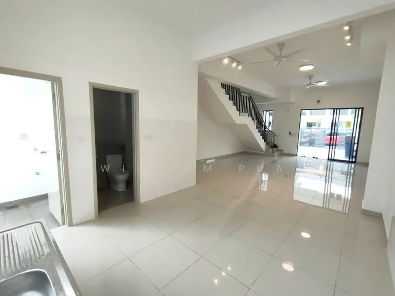 Living features: white painted walls, glossy ceramic tile flooring, 5-blade ceiling fan with light, recessed downlights, sliding glass door, floor-to-ceiling windows, open layout, staircase with black railing; style: modern. Bathroom features: white tiled walls, ceramic tile flooring, one-piece toilet, sink with chrome faucet.