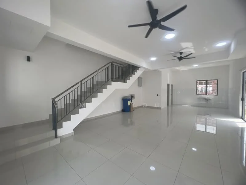 Room features: white painted walls, glossy ceramic tile flooring, exposed staircase with metal railing, 2 ceiling fans, recessed LED downlights, large window with view to outside, open layout, corner for utility area with blue trash bin; style: modern.