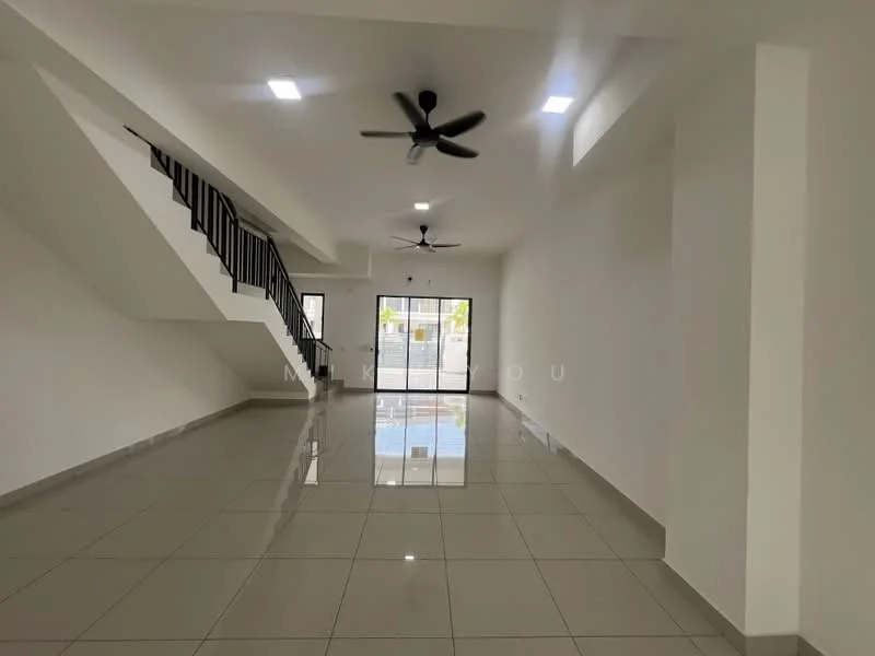 Living features: white painted walls, polished ceramic tile flooring, 2 ceiling fans, large sliding glass door, natural light from windows, open layout, staircase with metal railing, recessed downlights; style: modern; view: garden.